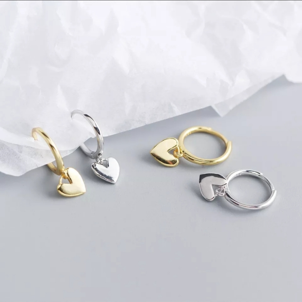 Silver Heart Charm Mini Hoops - Picture 2 of 3